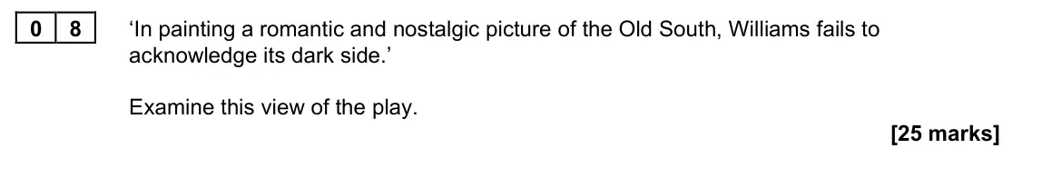 June 2022 Paper 2B, question 08: ‘In painting a romantic and nostalgic picture of the Old South, Williams fails to acknowledge its dark side.’ Examine this view of the play.