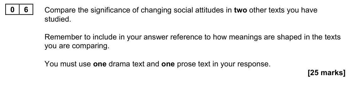June 2022 Paper 2B, question 06: Compare the significance of changing social attitudes in two other texts you have studied. Remember to include in your answer reference to how meanings are shap