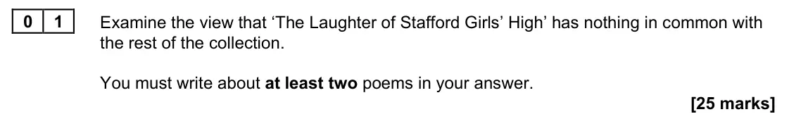 June 2023 Paper 2B, question 01: Examine the view that ‘The Laughter of Stafford Girls’ High’ has nothing in common with the rest of the collection. You must write about at least two poems in y