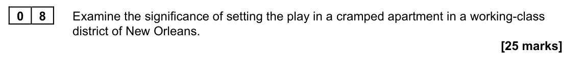 June 2023 Paper 2B, question 08: Examine the significance of setting the play in a cramped apartment in a working-class district of New Orleans.