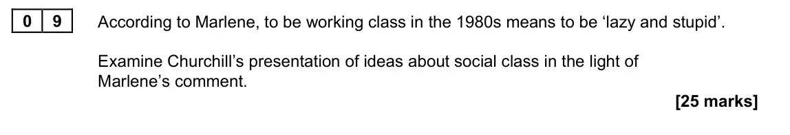 June 2023 Paper 2B, question 09: According to Marlene, to be working class in the 1980s means to be ‘lazy and stupid’. Examine Churchill’s presentation of ideas about social class in the light