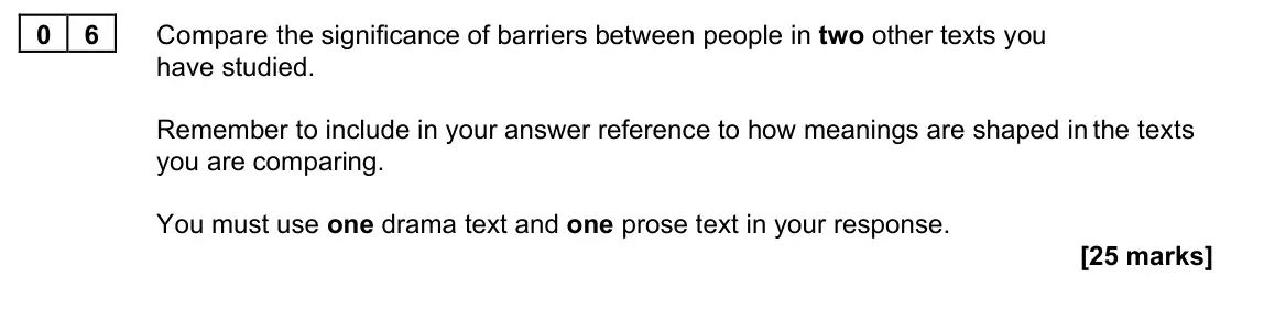 June 2023 Paper 2B, question 06: Compare the significance of barriers between people in two other texts you have studied. Remember to include in your answer reference to how meanings are shaped