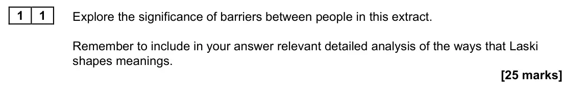 June 2023 Paper 2B, question 11: Explore the significance of barriers between people in this extract. Remember to include in your answer relevant detailed analysis of the ways that Laski shapes