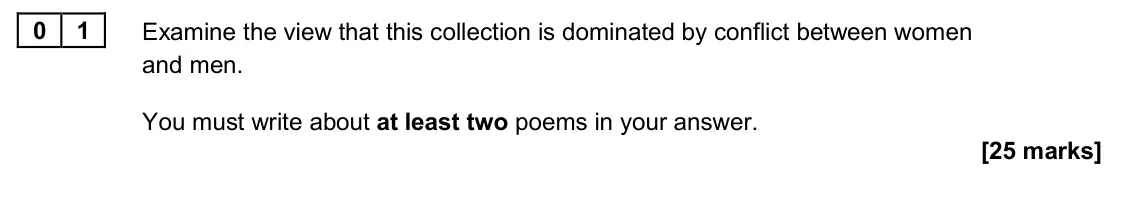 June 2024 Paper 2B, question 01: Examine the view that this collection is dominated by conflict between women and men. You must write about at least two poems in your answer.