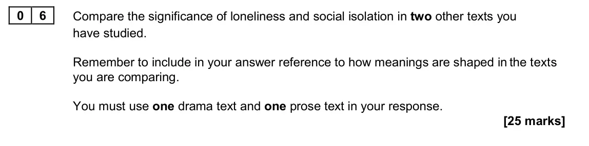 June 2024 Paper 2B, question 06: Compare the significance of loneliness and social isolation in two other texts you have studied. Remember to include in your answer reference to how meanings ar