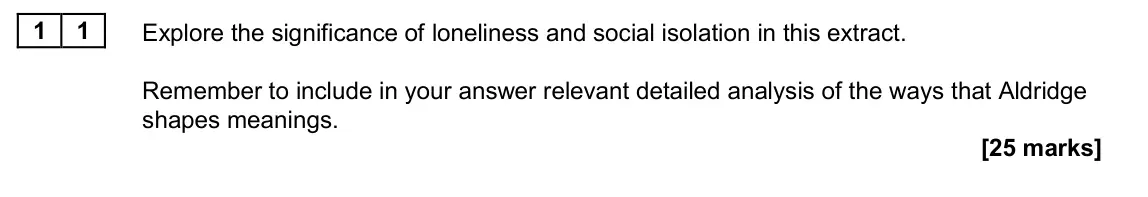 June 2024 Paper 2B, question 11: Explore the significance of loneliness and social isolation in this extract. Remember to include in your answer relevant detailed analysis of the ways that Aldr
