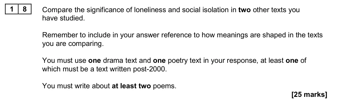 June 2024 Paper 2B, question 18: Compare the significance of loneliness and social isolation in two other texts you have studied. Remember to include in your answer reference to how meanings ar