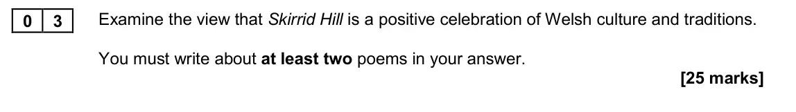 November 2020 Paper 2B, question 03: Examine the view that Skirrid Hill is a positive celebration of Welsh culture and traditions. You must write about at least two poems in your answer.