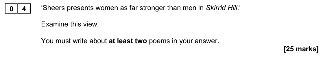 November 2020 Paper 2B, question 04: ‘Sheers presents women as far stronger than men in Skirrid Hill.’ Examine this view. You must write about at least two poems in your answer.