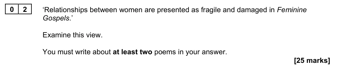 November 2021 Paper 2B, question 02: ‘Relationships between women are presented as fragile and damaged in Feminine Gospels.’ Examine this view. You must write about at least two poems in your answe