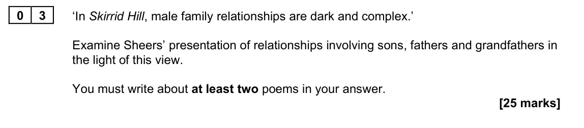 November 2021 Paper 2B, question 03: ‘In Skirrid Hill, male family relationships are dark and complex.’ Examine Sheers’ presentation of relationships involving sons, fathers and grandfathers in the