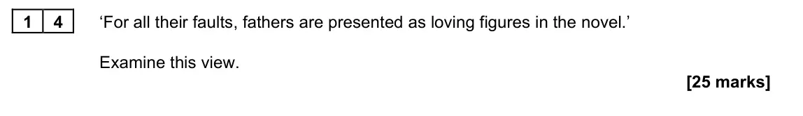 November 2021 Paper 2B, question 14: ‘For all their faults, fathers are presented as loving figures in the novel.’ Examine this view.