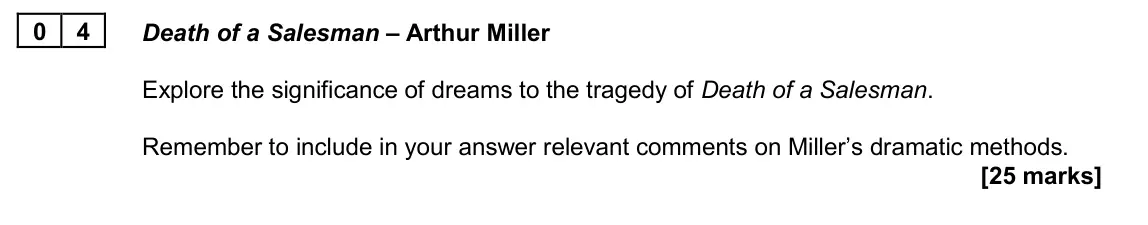 June 2024 AS Paper 1A, question 04: Death of a Salesman – Arthur Miller Explore the significance of dreams to the tragedy of Death of a Salesman. Remember to include in your answer relevant commen