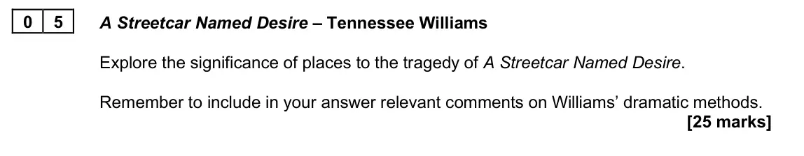 June 2025 AS Paper 1A, question 05: A Streetcar Named Desire – Tennessee Williams Explore the significance of places to the tragedy of A Streetcar Named Desire. Remember to include in your answer