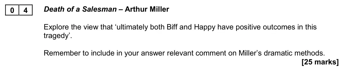November 2020 AS Paper 1A, question 04: Death of a Salesman – Arthur Miller Explore the view that ‘ultimately both Biff and Happy have positive outcomes in this tragedy’. Remember to include in your a