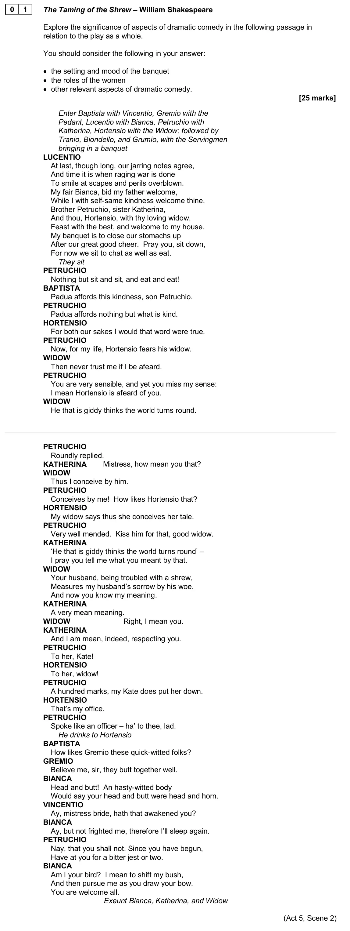 June 2024 AS Paper 1B, question 01: The Taming of the Shrew – William Shakespeare Explore the significance of aspects of dramatic comedy in the following passage in relation to the play as a whole