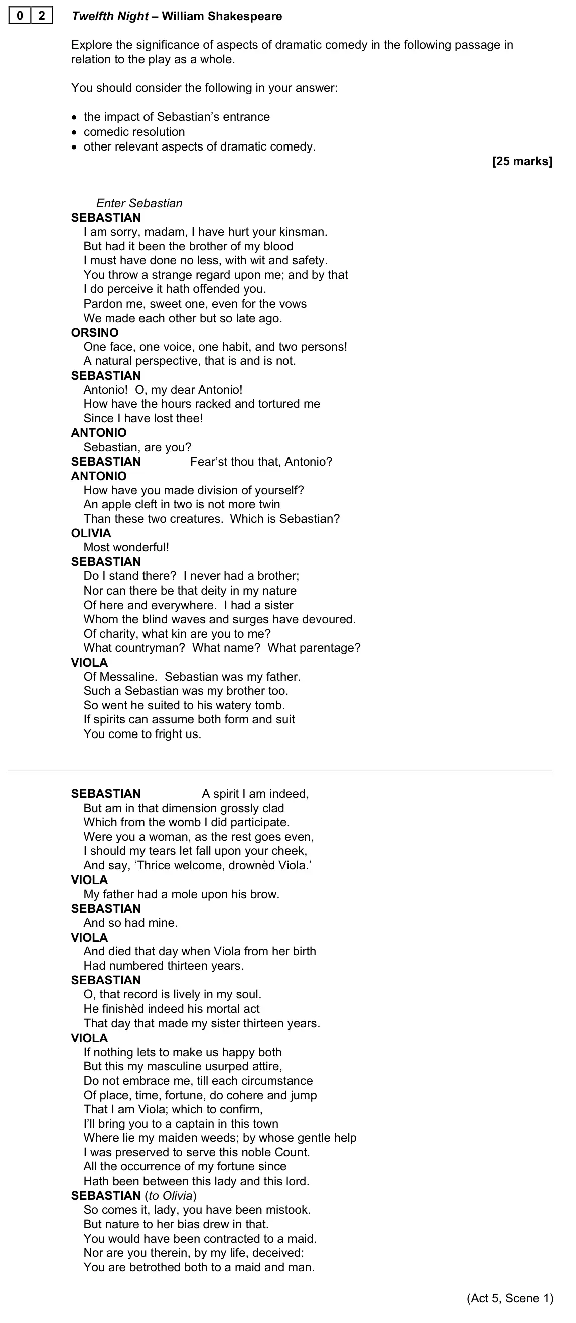 June 2025 AS Paper 1B, question 02: Twelfth Night – William Shakespeare Explore the significance of aspects of dramatic comedy in the following passage in relation to the play as a whole. You shou