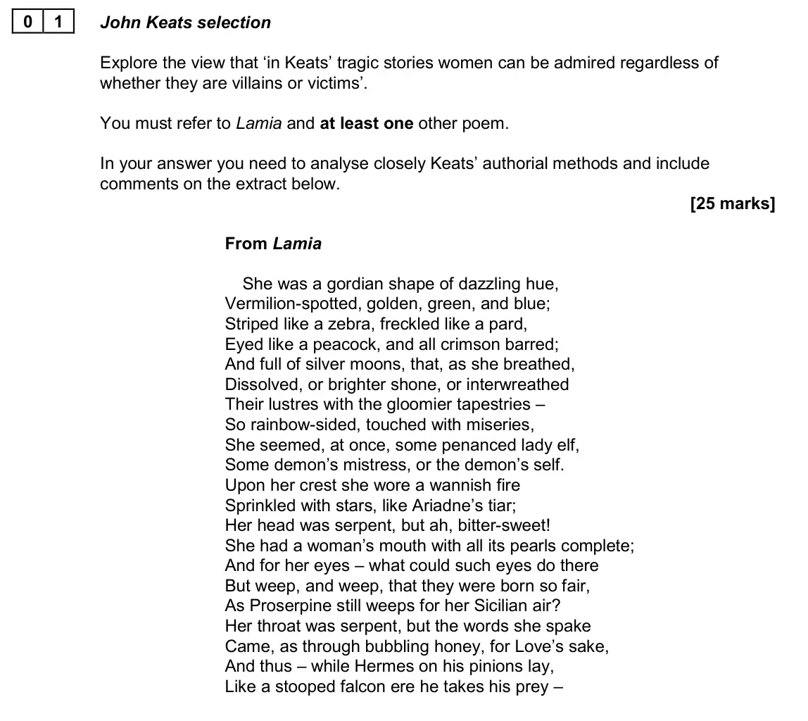 June 2022 AS Paper 2A, question 01: John Keats selection Explore the view that ‘in Keats’ tragic stories women can be admired regardless of whether they are villains or victims’. You must refer to