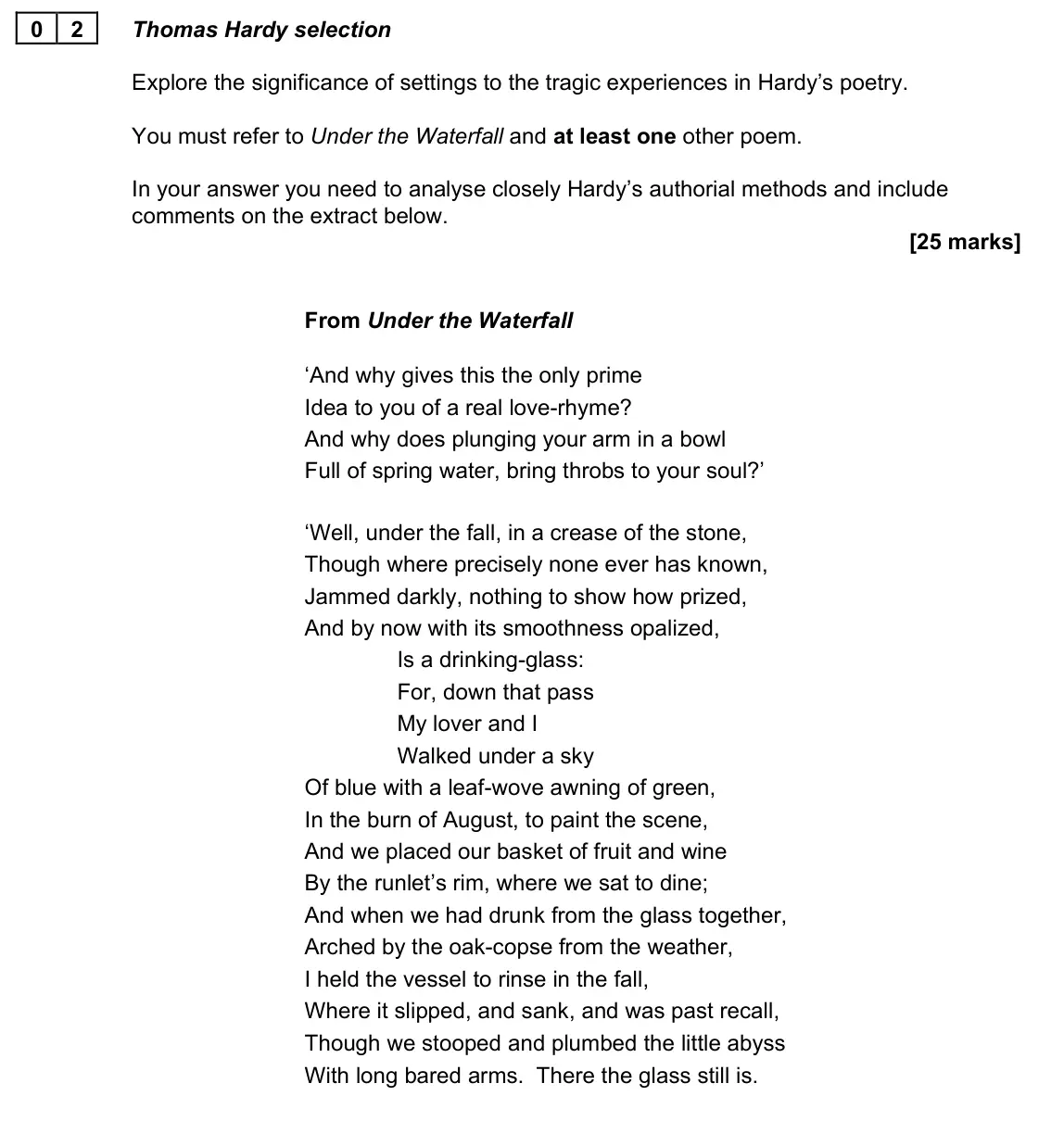 June 2023 AS Paper 2A, question 02: Thomas Hardy selection Explore the significance of settings to the tragic experiences in Hardy’s poetry. You must refer to Under the Waterfall and at least one