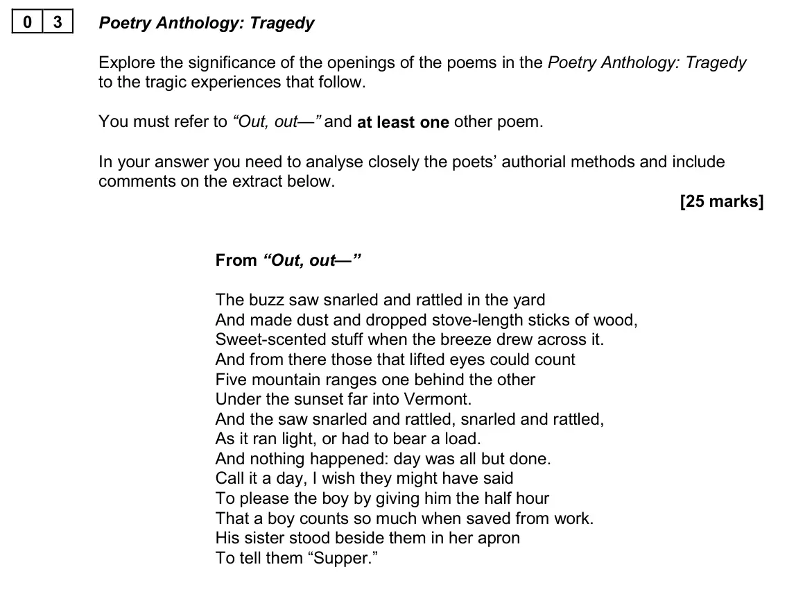 June 2024 AS Paper 2A, question 03: Poetry Anthology: Tragedy Explore the significance of the openings of the poems in the Poetry Anthology: Tragedy to the tragic experiences that follow. You must