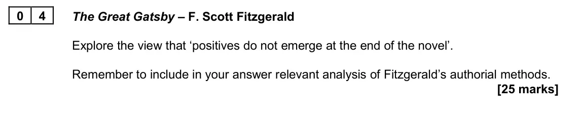 June 2024 AS Paper 2A, question 04: The Great Gatsby – F. Scott Fitzgerald Explore the view that ‘positives do not emerge at the end of the novel’. Remember to include in your answer relevant anal
