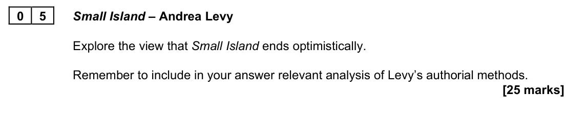 June 2022 AS Paper 2B, question 05: Small Island – Andrea Levy Explore the view that Small Island ends optimistically. Remember to include in your answer relevant analysis of Levy’s authorial meth