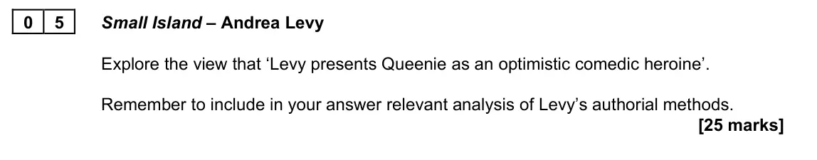June 2023 AS Paper 2B, question 05: Small Island – Andrea Levy Explore the view that ‘Levy presents Queenie as an optimistic comedic heroine’. Remember to include in your answer relevant analysis 