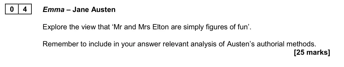 June 2024 AS Paper 2B, question 04: Emma – Jane Austen Explore the view that ‘Mr and Mrs Elton are simply figures of fun’. Remember to include in your answer relevant analysis of Austen’s authoria