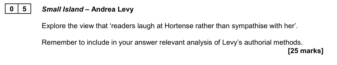June 2024 AS Paper 2B, question 05: Small Island – Andrea Levy Explore the view that ‘readers laugh at Hortense rather than sympathise with her’. Remember to include in your answer relevant analys