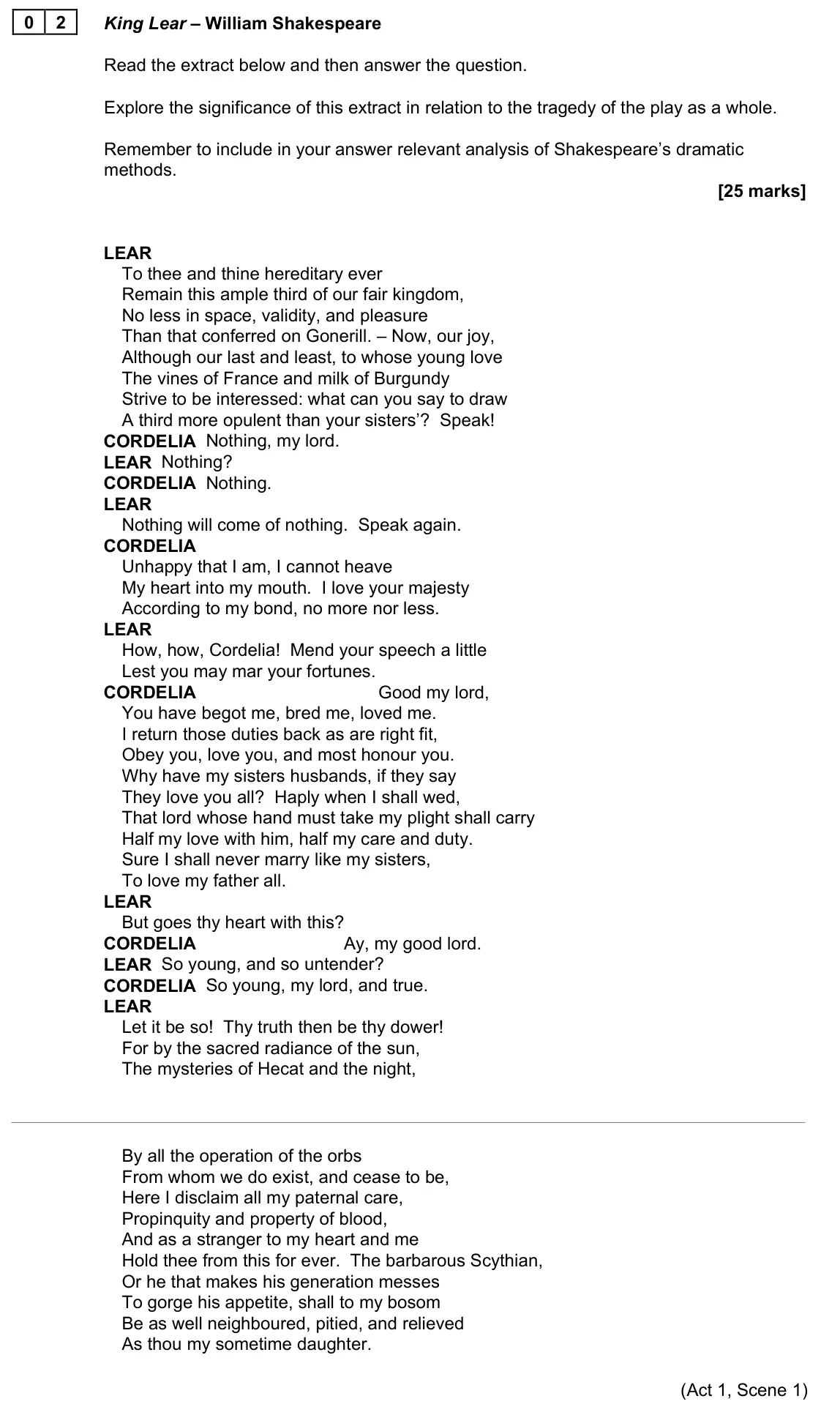 June 2022 Paper 1A, question 02: King Lear – William Shakespeare Read the extract below and then answer the question. Explore the significance of this extract in relation to the tragedy of the