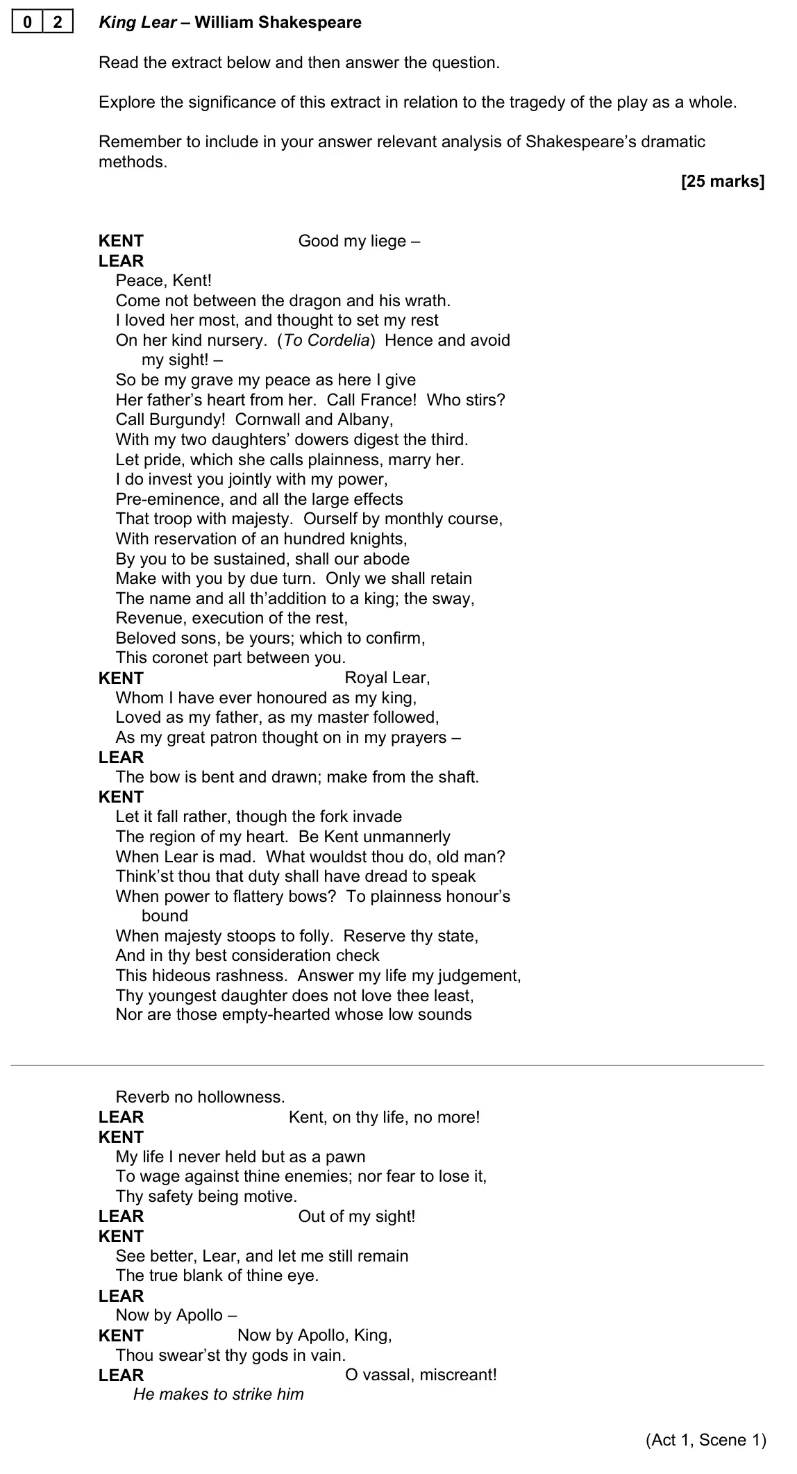June 2023 Paper 1A, question 02: King Lear – William Shakespeare Read the extract below and then answer the question. Explore the significance of this extract in relation to the tragedy of the