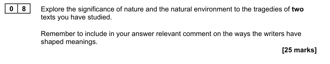June 2023 Paper 1A, question 08: Explore the significance of nature and the natural environment to the tragedies of two texts you have studied. Remember to include in your answer relevant comme