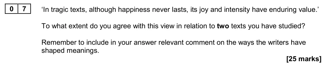 June 2024 Paper 1A, question 07: ‘In tragic texts, although happiness never lasts, its joy and intensity have enduring value.’ To what extent do you agree with this view in relation to two text