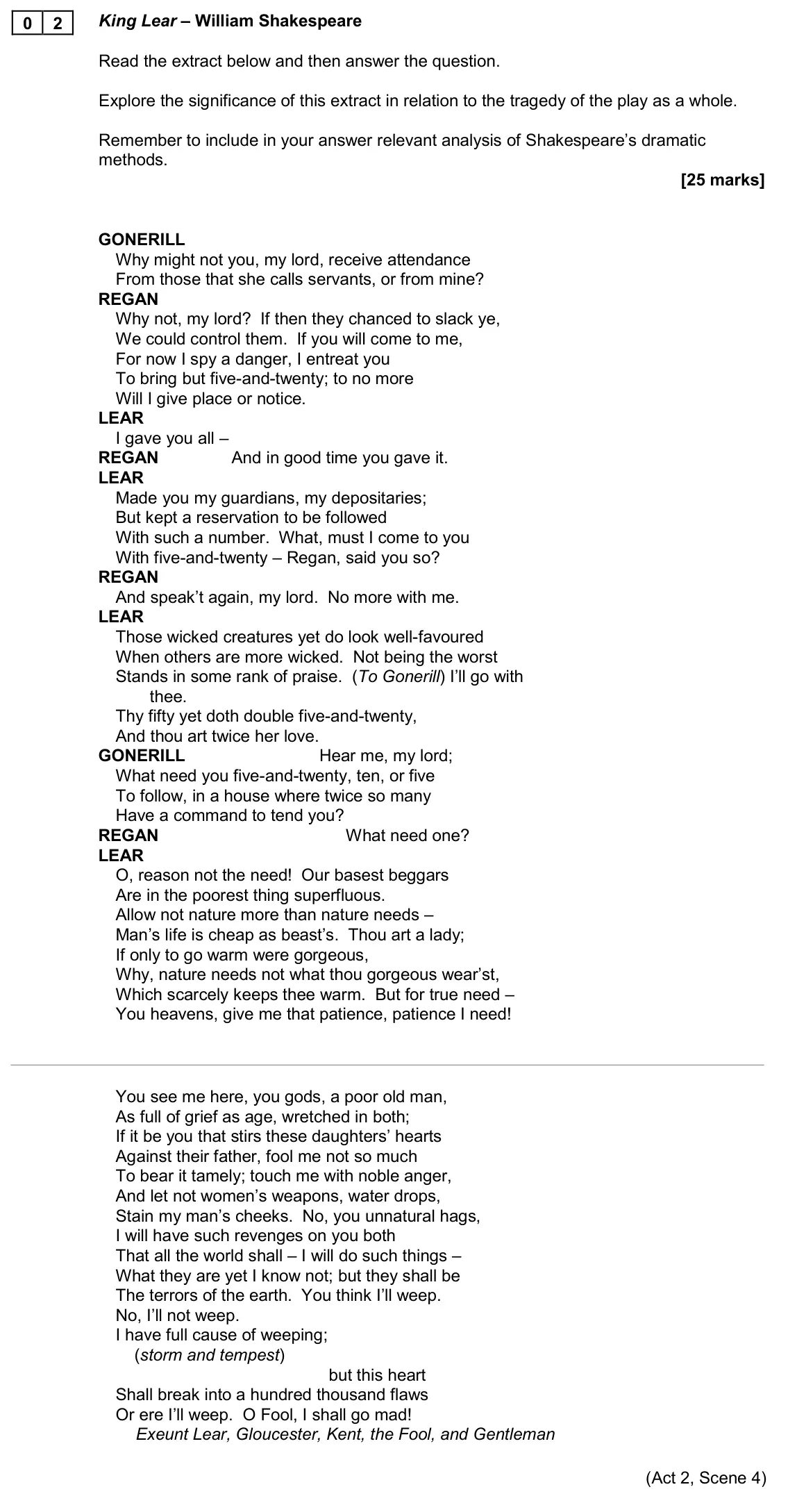 November 2020 Paper 1A, question 02: King Lear – William Shakespeare Read the extract below and then answer the question. Explore the significance of this extract in relation to the tragedy of the