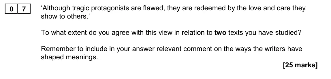 November 2020 Paper 1A, question 07: ‘Although tragic protagonists are flawed, they are redeemed by the love and care they show to others.’ To what extent do you agree with this view in relation to