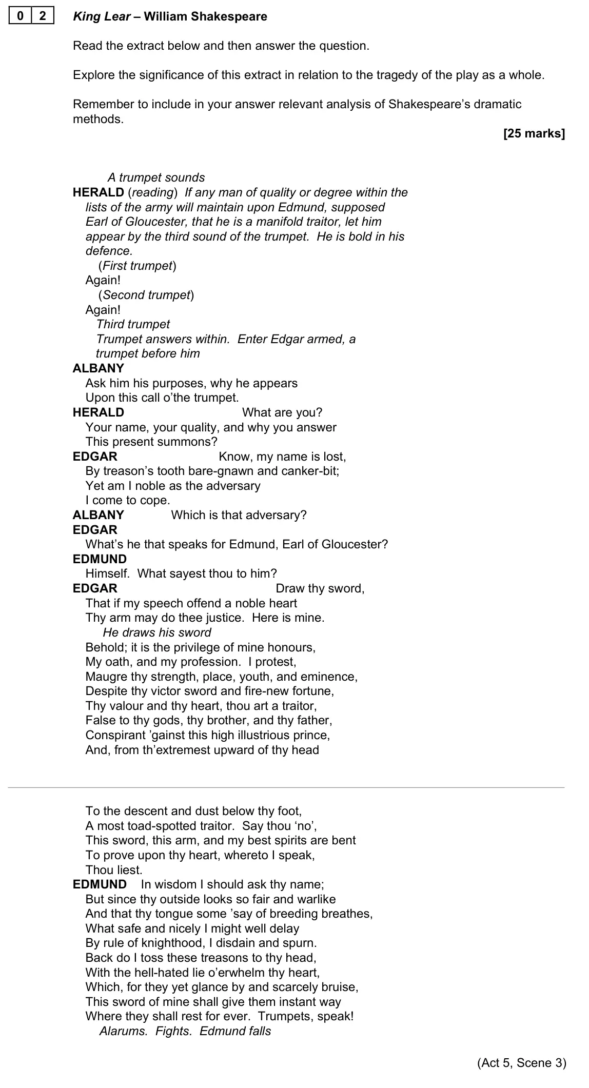 November 2021 Paper 1A, question 02: King Lear – William Shakespeare Read the extract below and then answer the question. Explore the significance of this extract in relation to the tragedy of the