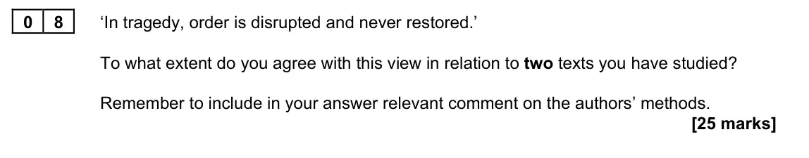 November 2021 Paper 1A, question 08: ‘In tragedy, order is disrupted and never restored.’ To what extent do you agree with this view in relation to two texts you have studied? Remember to include i