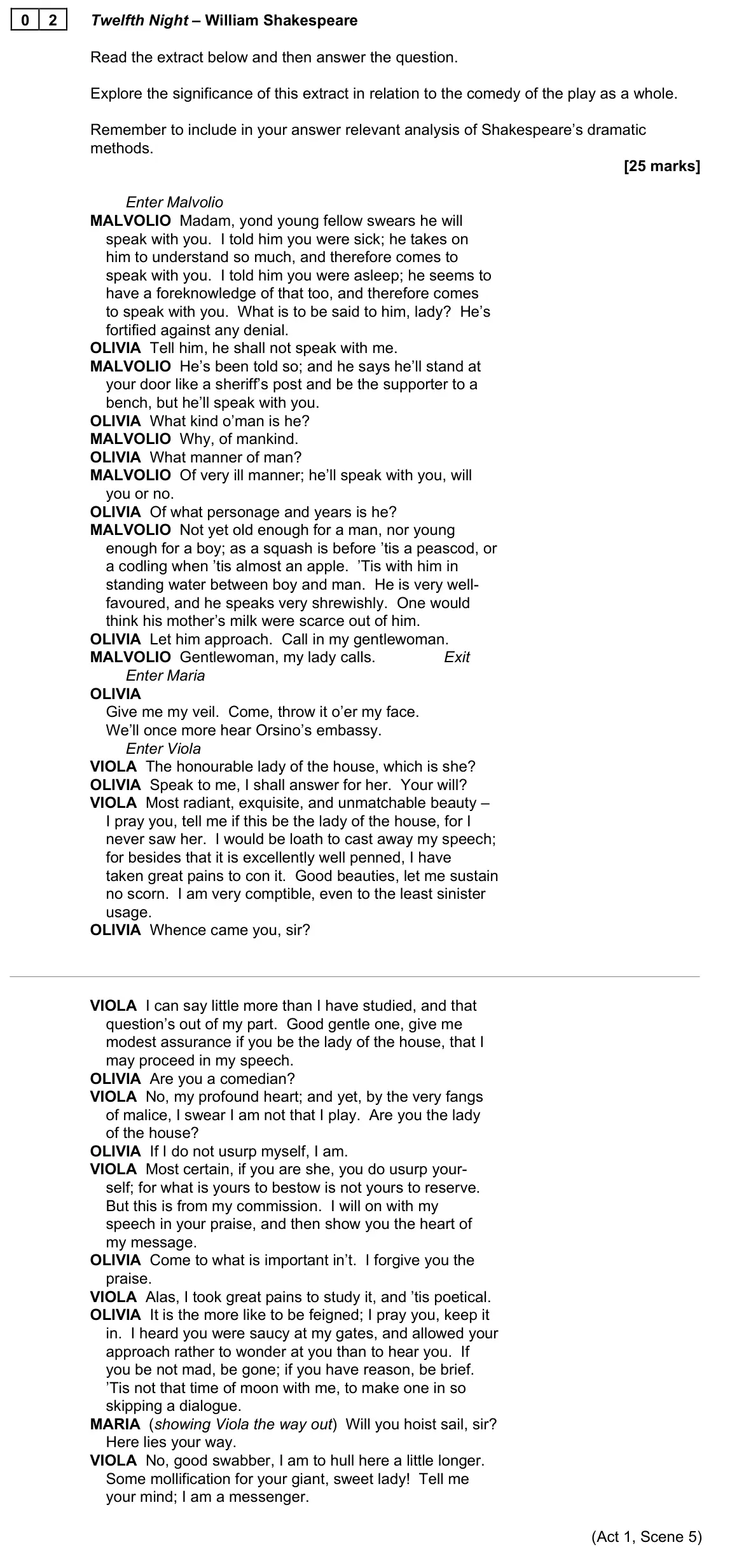 June 2022 Paper 1B, question 02: Twelfth Night – William Shakespeare Read the extract below and then answer the question. Explore the significance of this extract in relation to the comedy of t