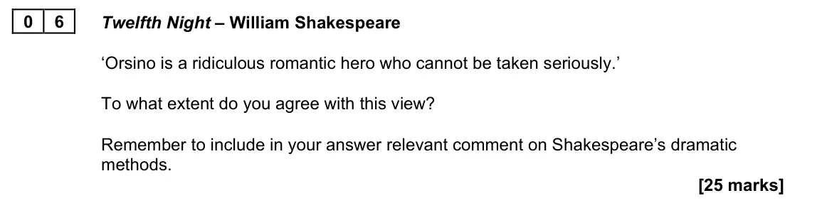 June 2022 Paper 1B, question 06: Twelfth Night – William Shakespeare ‘Orsino is a ridiculous romantic hero who cannot be taken seriously.’ To what extent do you agree with this view? Remember t