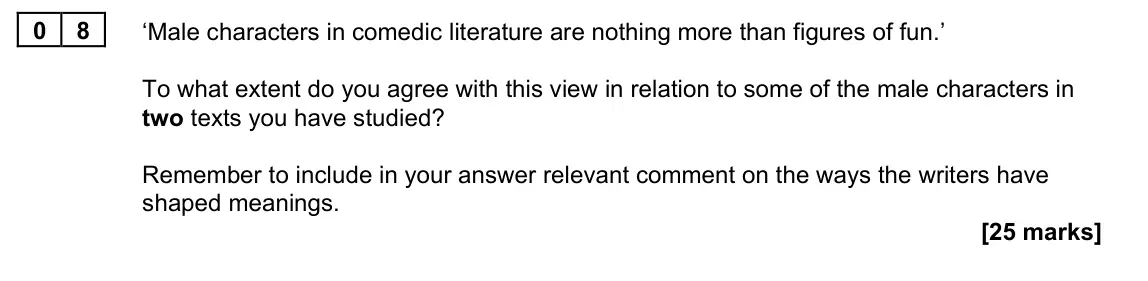 June 2022 Paper 1B, question 08: ‘Male characters in comedic literature are nothing more than figures of fun.’ To what extent do you agree with this view in relation to some of the male charact