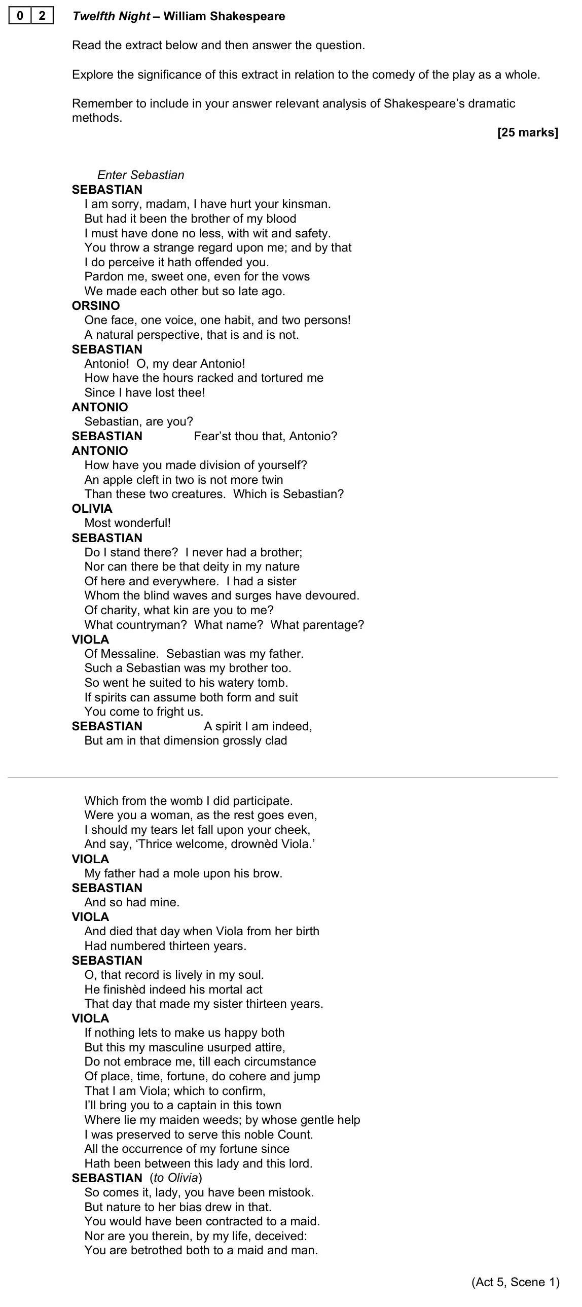 June 2023 Paper 1B, question 02: Twelfth Night – William Shakespeare Read the extract below and then answer the question. Explore the significance of this extract in relation to the comedy of t