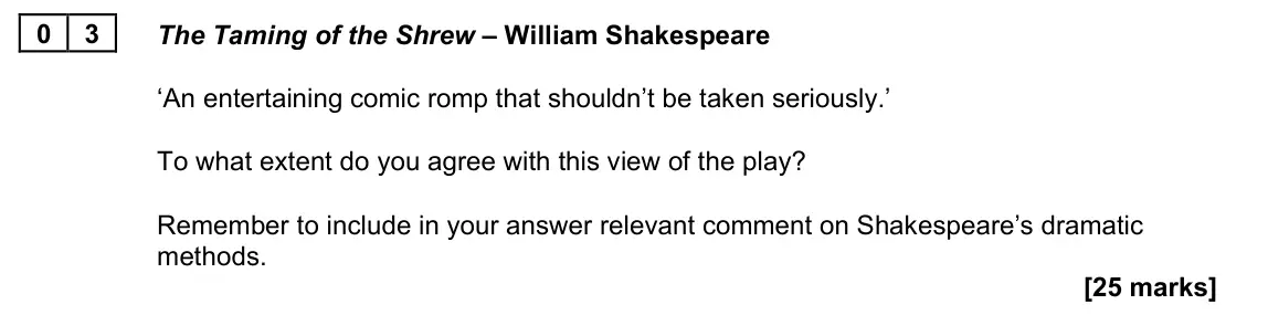 June 2023 Paper 1B, question 03: The Taming of the Shrew – William Shakespeare ‘An entertaining comic romp that shouldn’t be taken seriously.’ To what extent do you agree with this view of the 