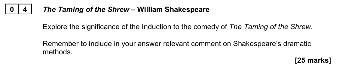 June 2023 Paper 1B, question 04: The Taming of the Shrew – William Shakespeare Explore the significance of the Induction to the comedy of The Taming of the Shrew. Remember to include in your an