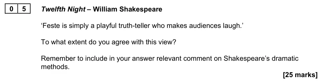 June 2023 Paper 1B, question 05: Twelfth Night – William Shakespeare ‘Feste is simply a playful truth-teller who makes audiences laugh.’ To what extent do you agree with this view? Remember to