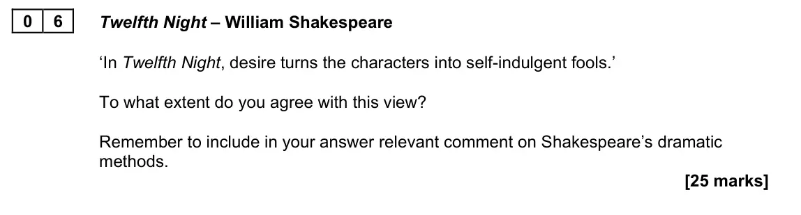 June 2023 Paper 1B, question 06: Twelfth Night – William Shakespeare ‘In Twelfth Night, desire turns the characters into self-indulgent fools.’ To what extent do you agree with this view? Remem