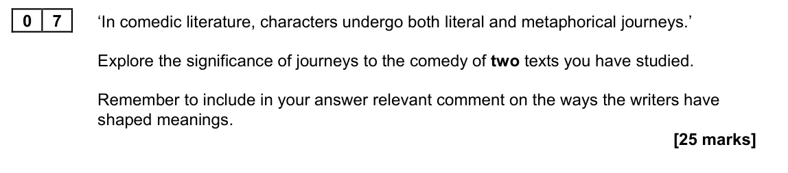 June 2023 Paper 1B, question 07: ‘In comedic literature, characters undergo both literal and metaphorical journeys.’ Explore the significance of journeys to the comedy of two texts you have stu