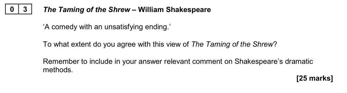 June 2024 Paper 1B, question 03: The Taming of the Shrew – William Shakespeare ‘A comedy with an unsatisfying ending.’ To what extent do you agree with this view of The Taming of the Shrew? Rem