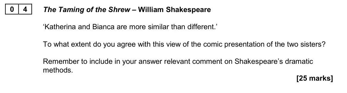 June 2024 Paper 1B, question 04: The Taming of the Shrew – William Shakespeare ‘Katherina and Bianca are more similar than different.’ To what extent do you agree with this view of the comic pr