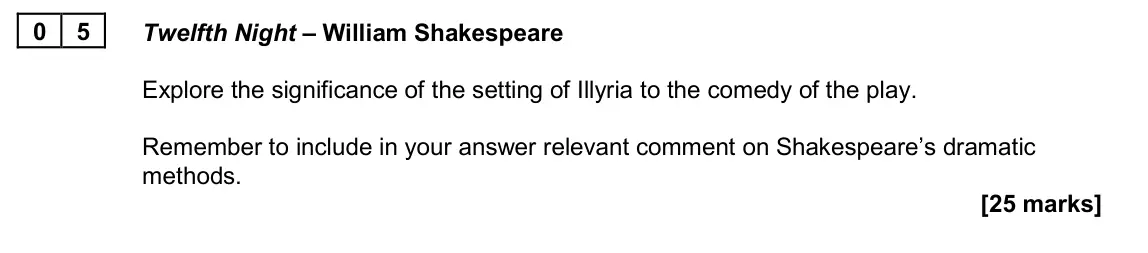 June 2024 Paper 1B, question 05: Twelfth Night – William Shakespeare Explore the significance of the setting of Illyria to the comedy of the play. Remember to include in your answer relevant co