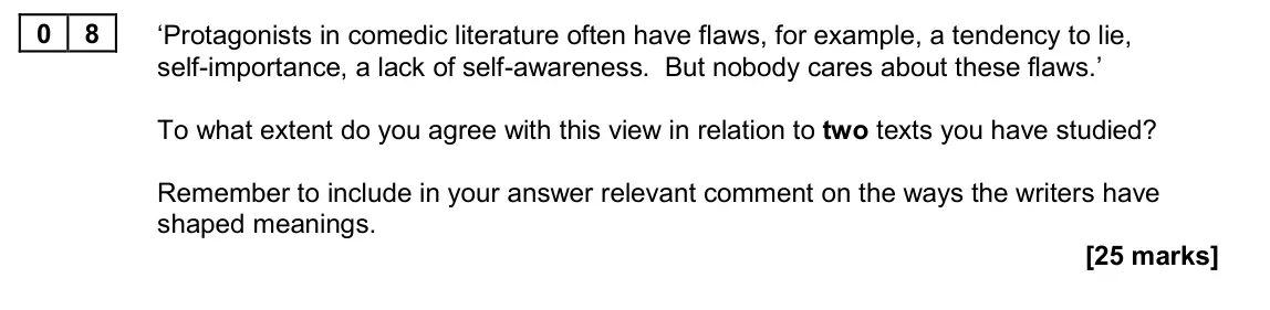 June 2024 Paper 1B, question 08: ‘Protagonists in comedic literature often have flaws, for example, a tendency to lie, self-importance, a lack of self-awareness. But nobody cares about these fl